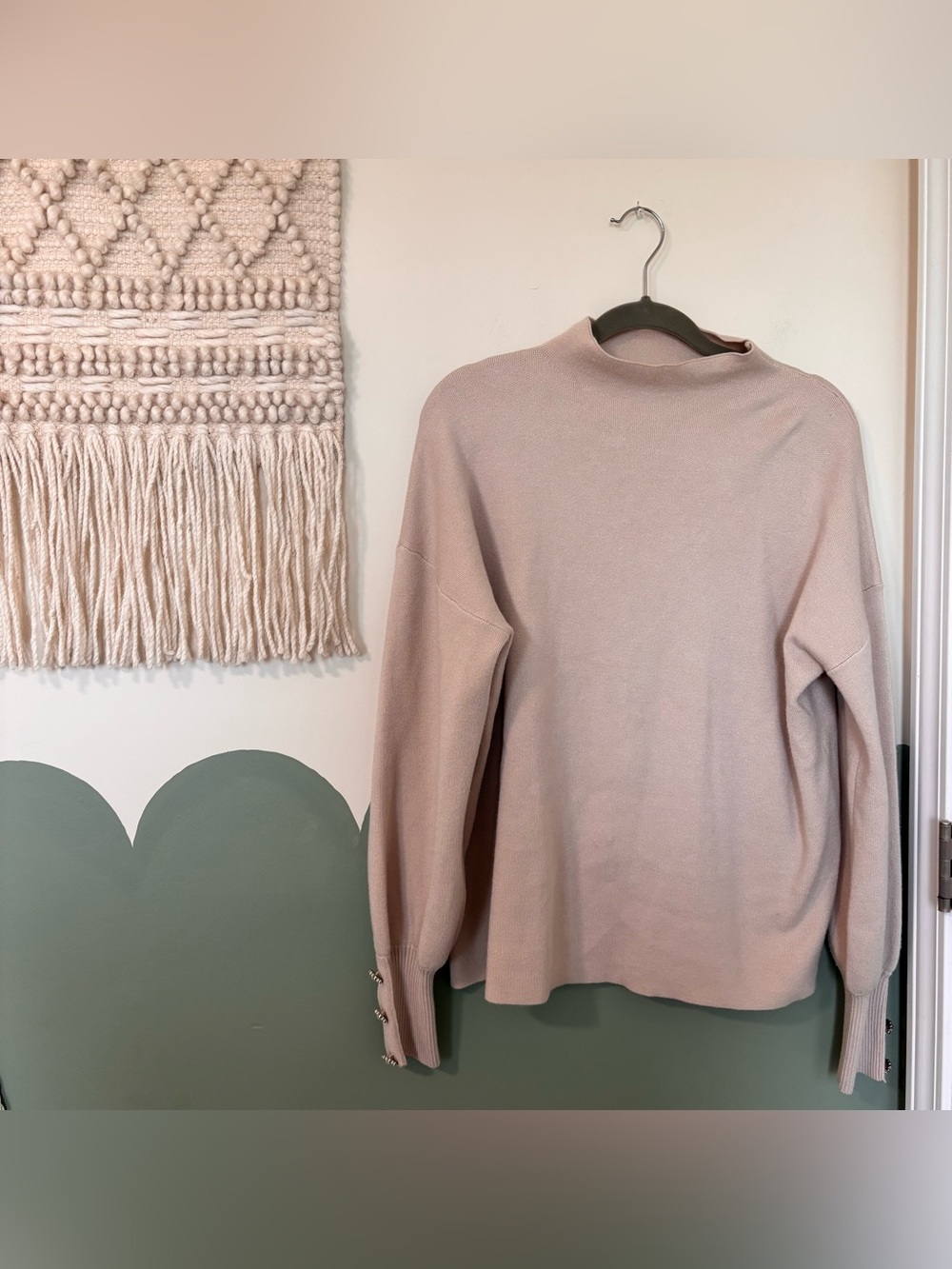 TAHARI beige mock neck sweater with pearl buttons